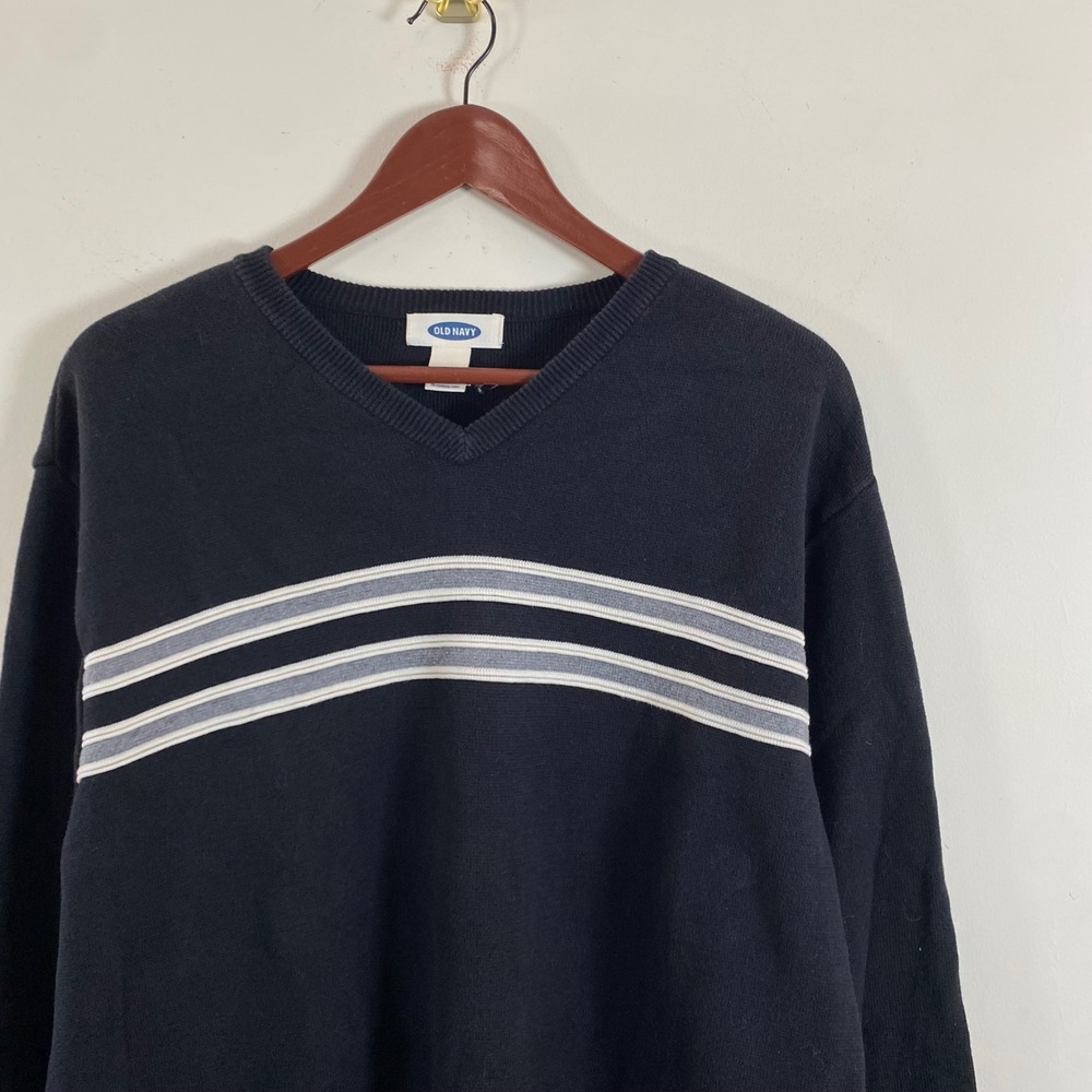Old Navy Knit V-Neck Black Sweater White Gray Stripes Men's XL Cotton Grunge - Picture 4 of 6